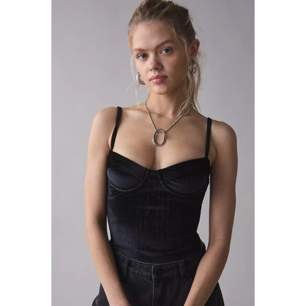 Mucci Sabrina Velvet Bustier Lace-Up Bodysuit Black Shimmer Sweetheart Small